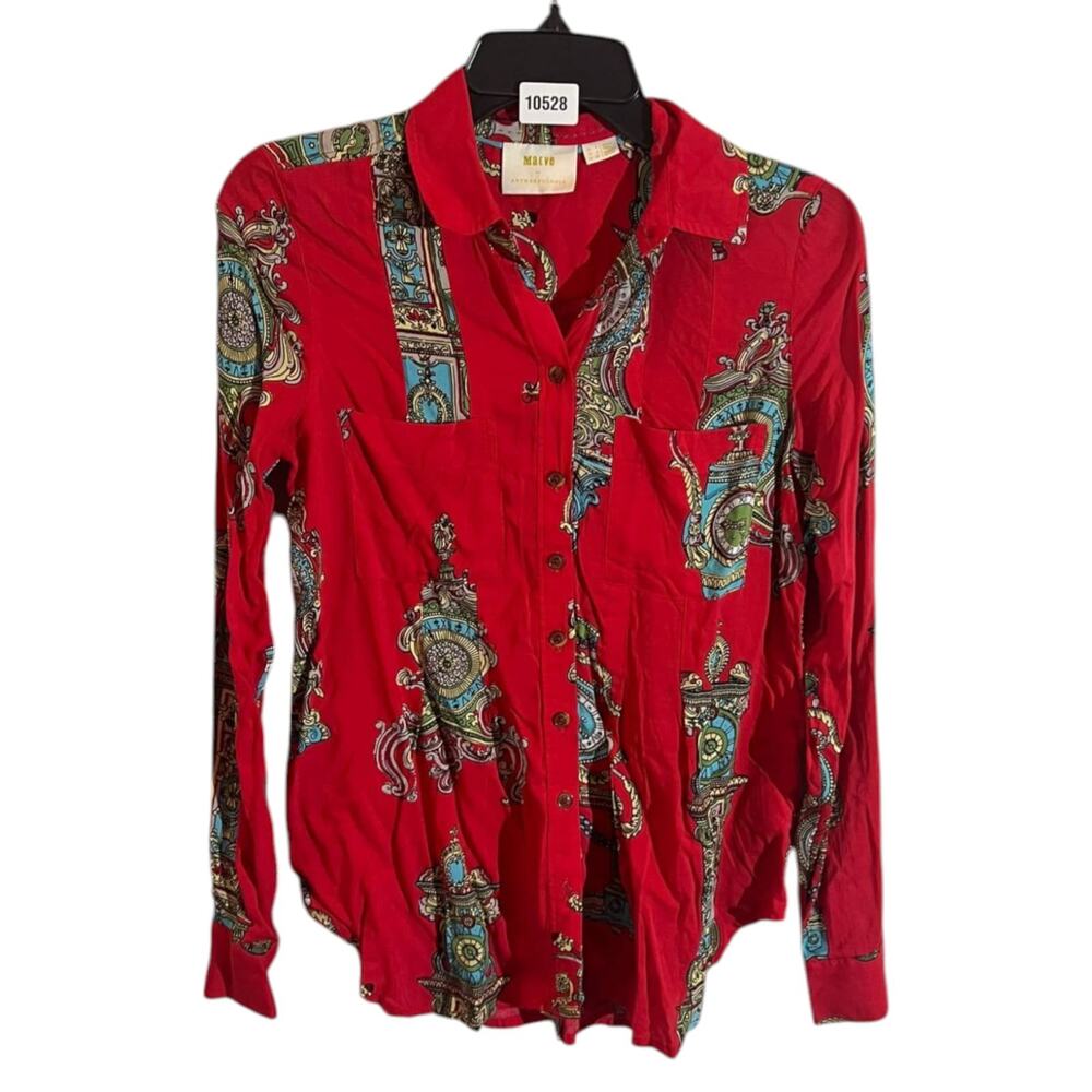 Maeve Bohemian Whimsy Button Down Shirt Women's Size 0 Red Motif Long Sleeve